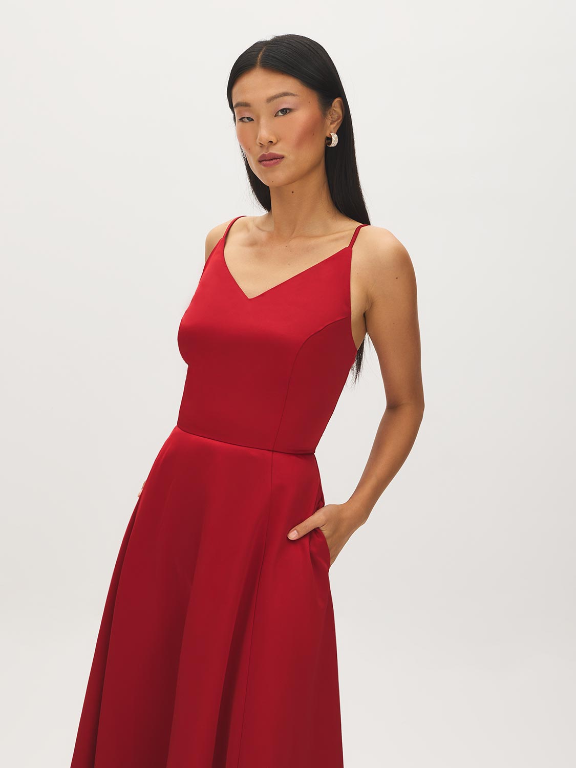 Ruby Red Textured Satin A-Line Midi Dress - Front View - Suzy Shier