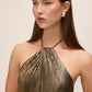 Bronze Liquid Stripe Foil Gown - Close-up Fabric Detail - Le Chateau