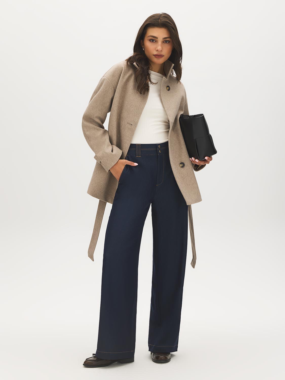 Taupe Melange Faux Wool Short Wrap Coat with Funnel Neck - Side Profile View - Suzy Shier