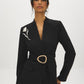 Black Collarless Knit Blazer with Sash Belt - Front View with Brooch - Suzy Shier
