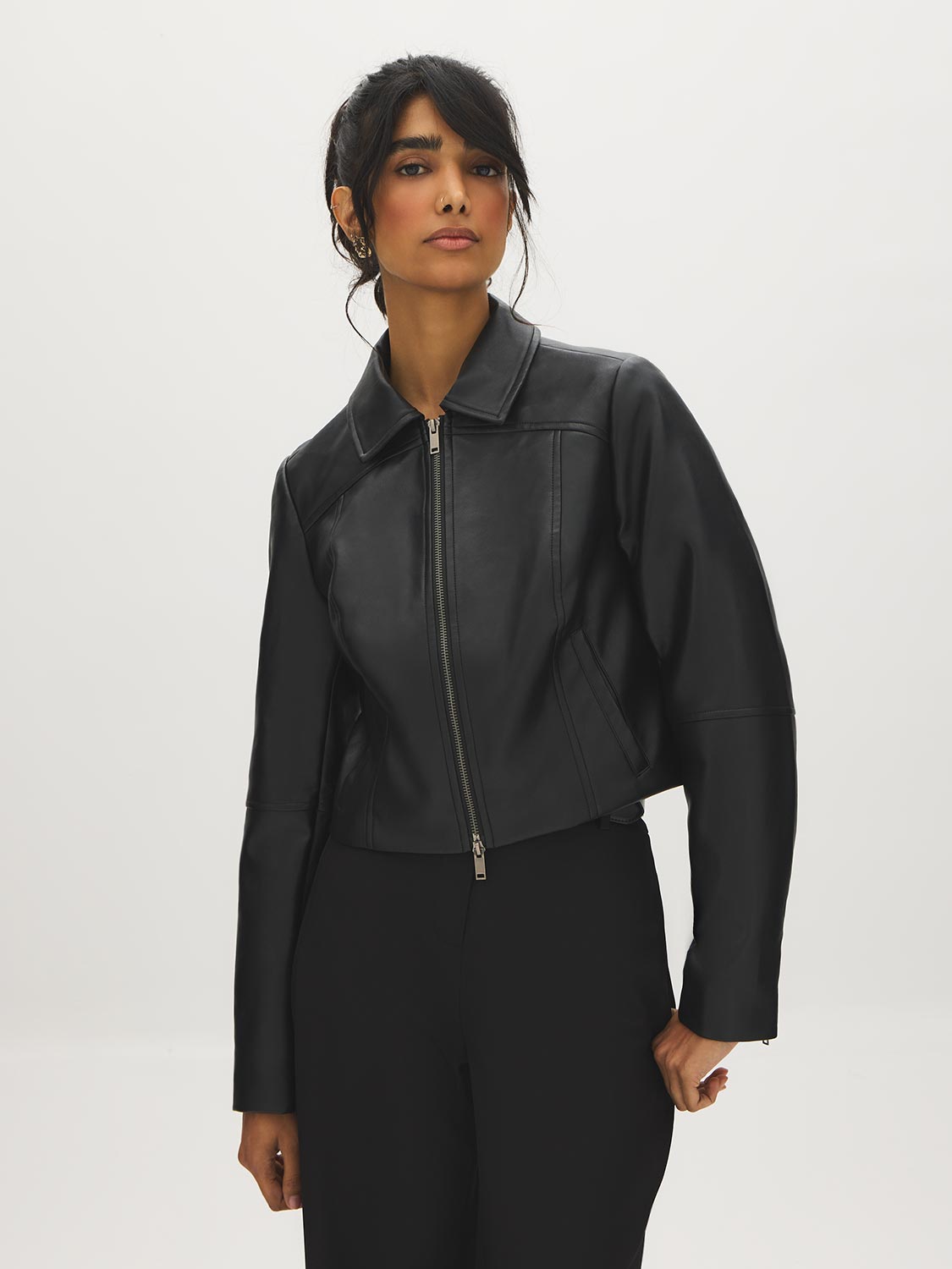 Black Vegan Leather Shorts with Front Zipper - Front View - Suzy Shier