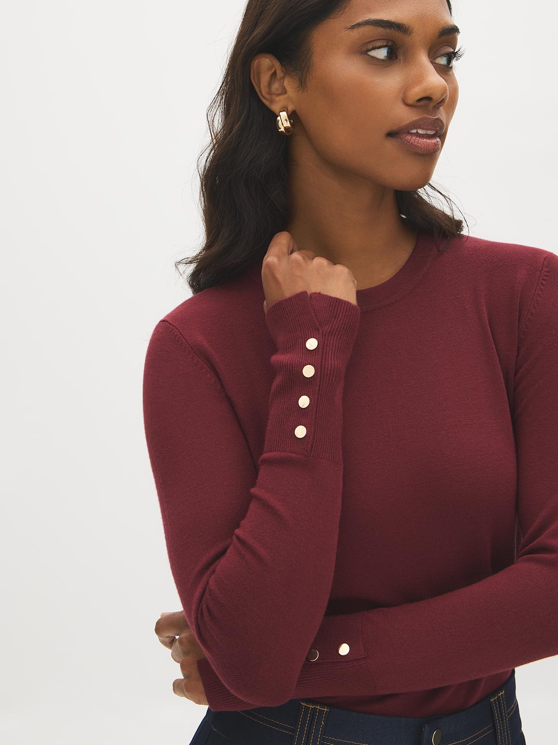 Merlot Snap Button Sleeve Knit Sweater - Woman Wearing Crew Neck Sweater with Sleeve Detail - Suzy Shier