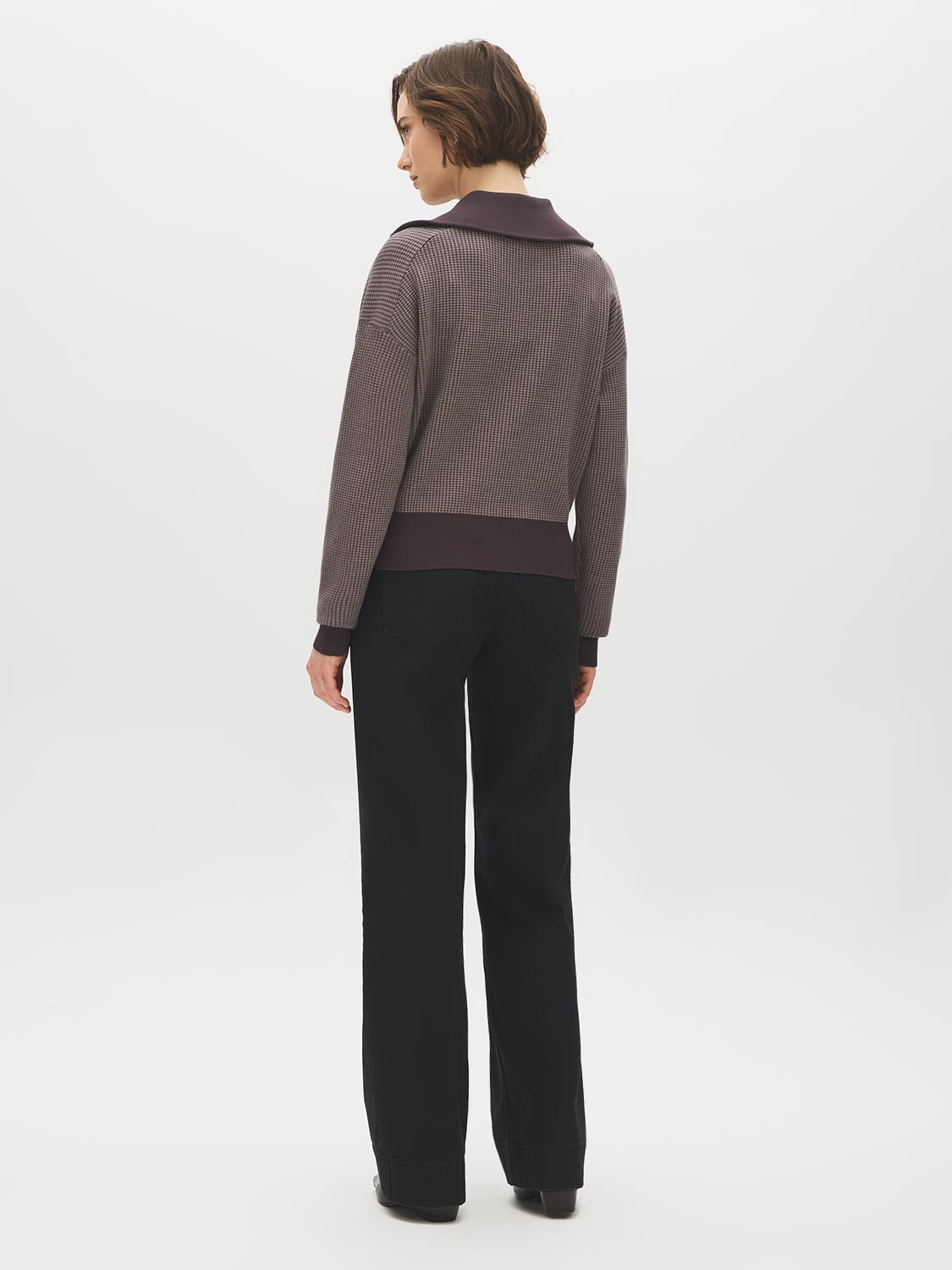Brown/Beige Jacquard Zip Front Sweater - Back View - Suzy Shier