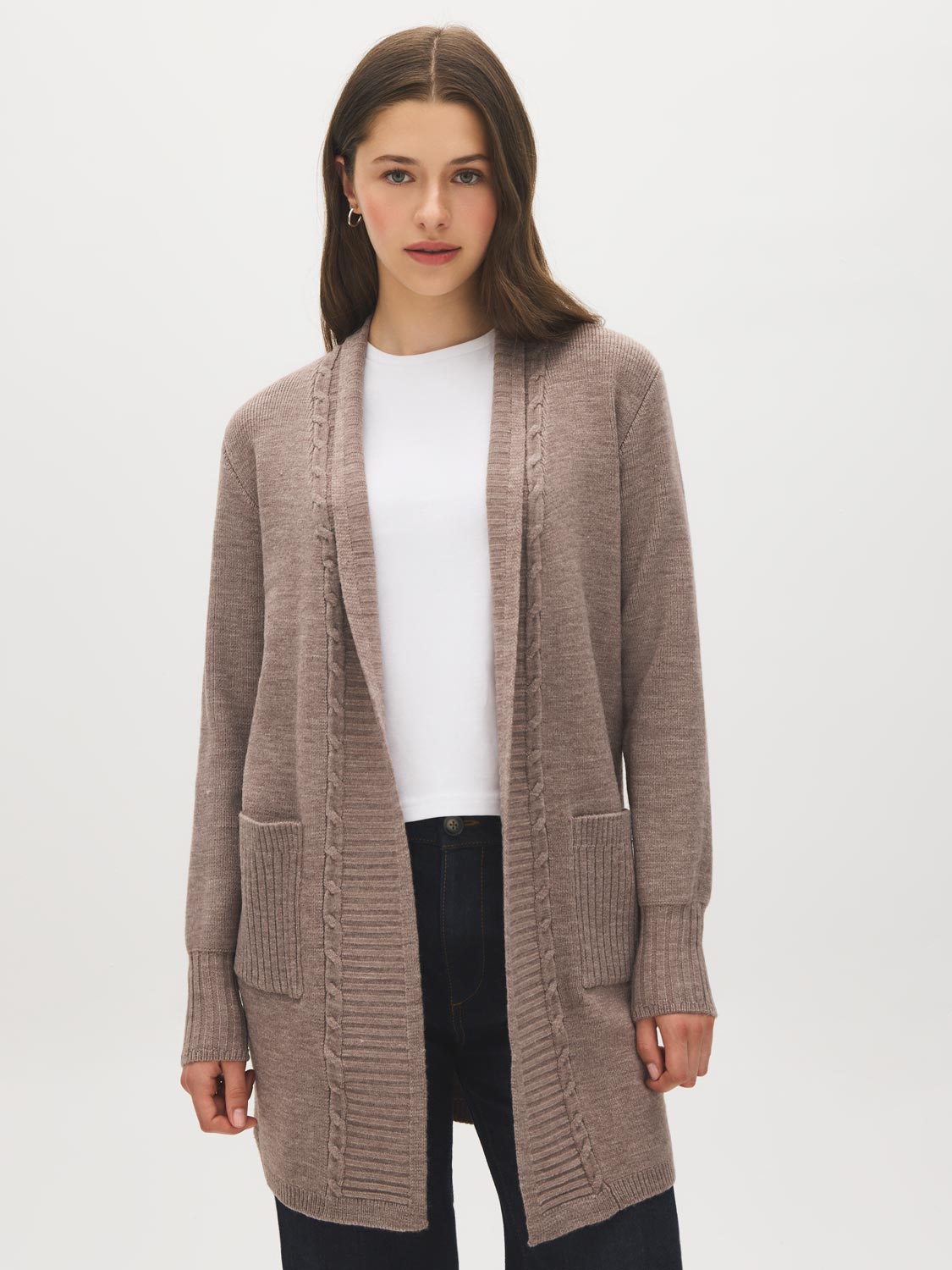 Quinoa Melange Ribbed Knit Duster Cardigan - Front View - Suzy Shier