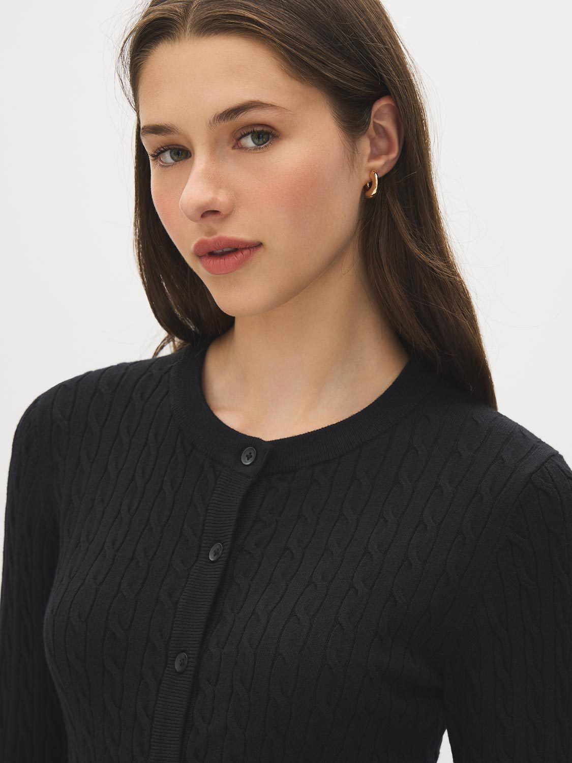 Black Cable Stitch Button-Front Cardigan - Close-up Fabric Detail - Suzy Shier