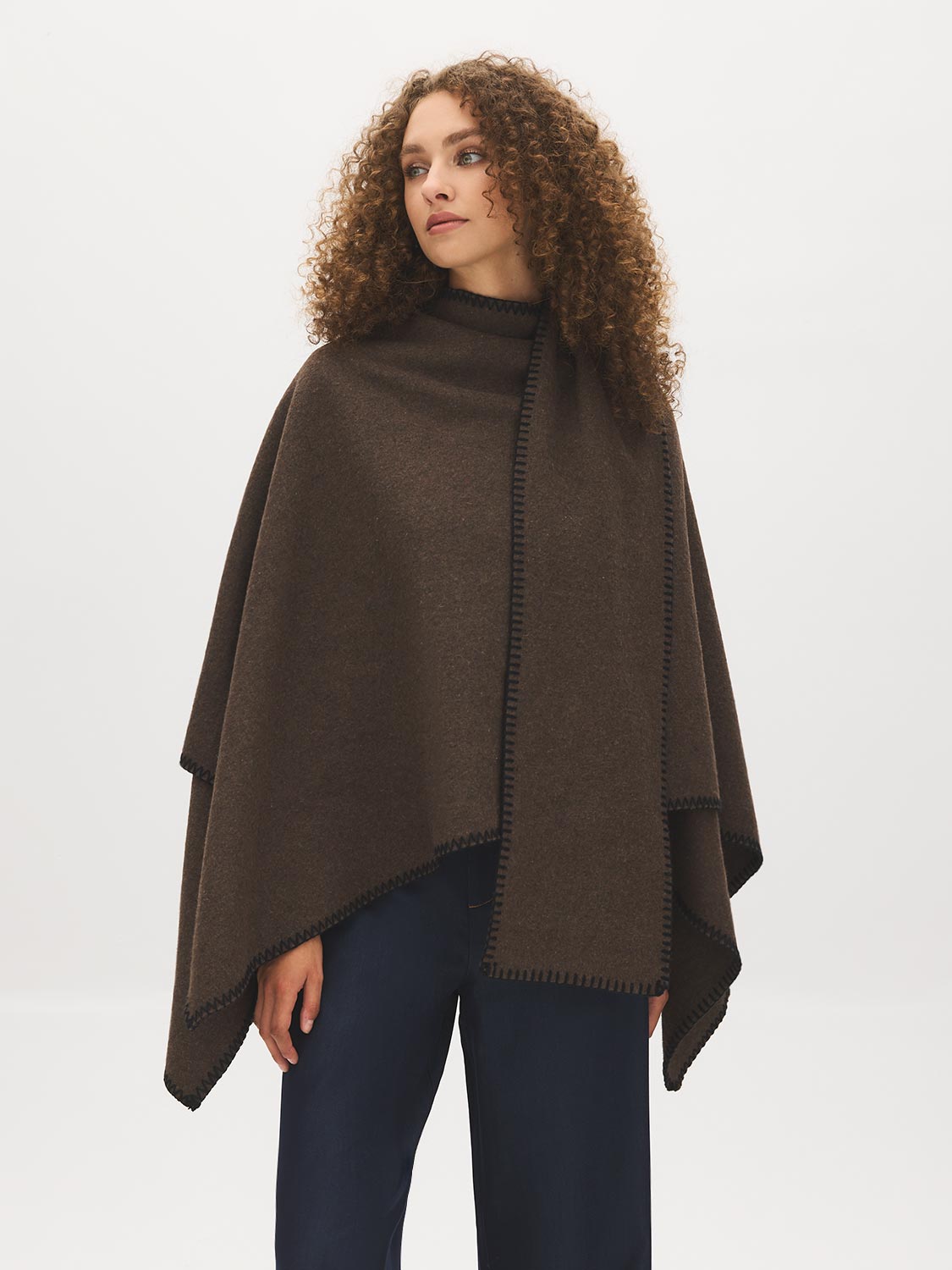 Grey Melange Woven Cape with Contrast Scarf - Side Profile View - Suzy Shier