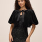 Black Velour Bolero with Satin Bow Ties - Woman Wearing Evening Cover-Up with Puff Sleeves - Le Chateau