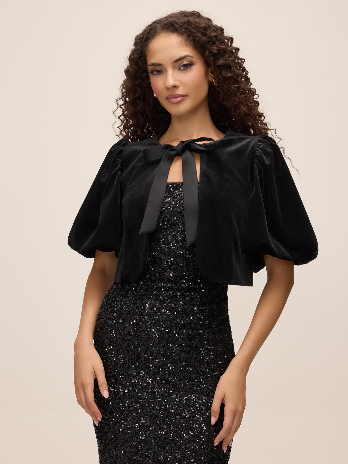 Black Velour Bolero with Satin Bow Ties - Woman Wearing Evening Cover-Up with Puff Sleeves - Le Chateau