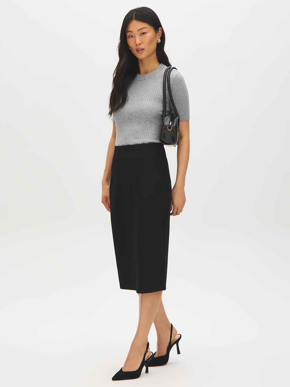 Black Corset-Waist Pencil Skirt with Back Slit - Woman Wearing Fitted Knit Skirt - Suzy Shier