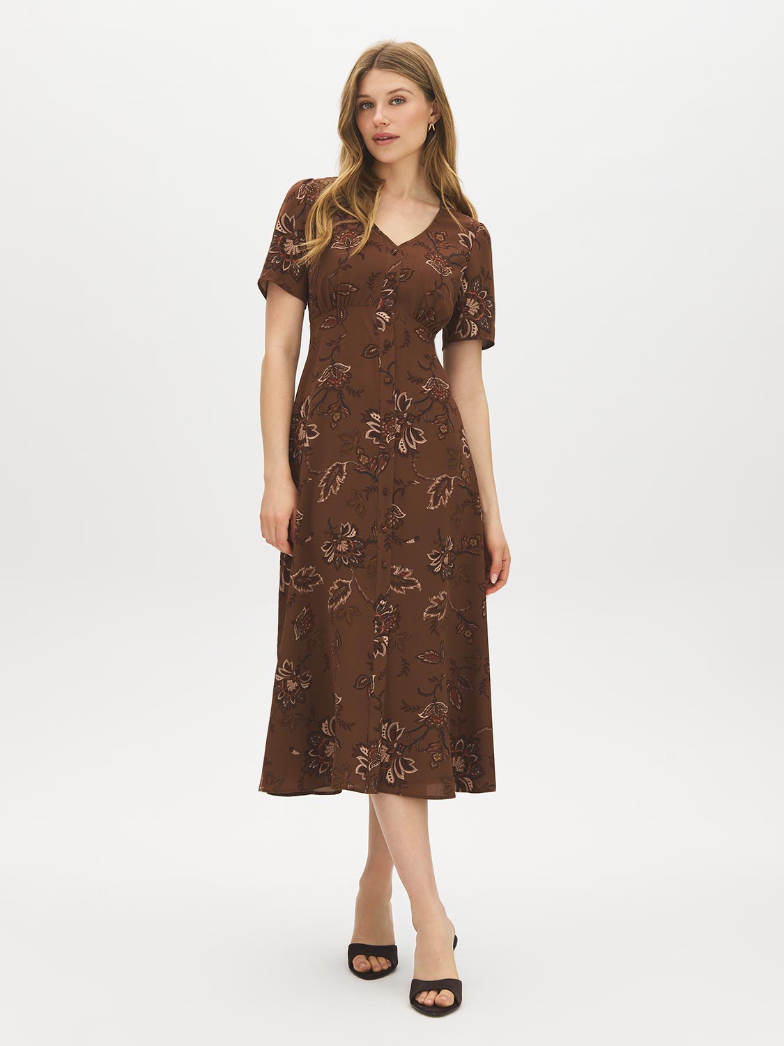 Soft Silt Paisley Print Flowy Shirt Dress - Woman Wearing Midi Length V-Neck Dress - Suzy Shier