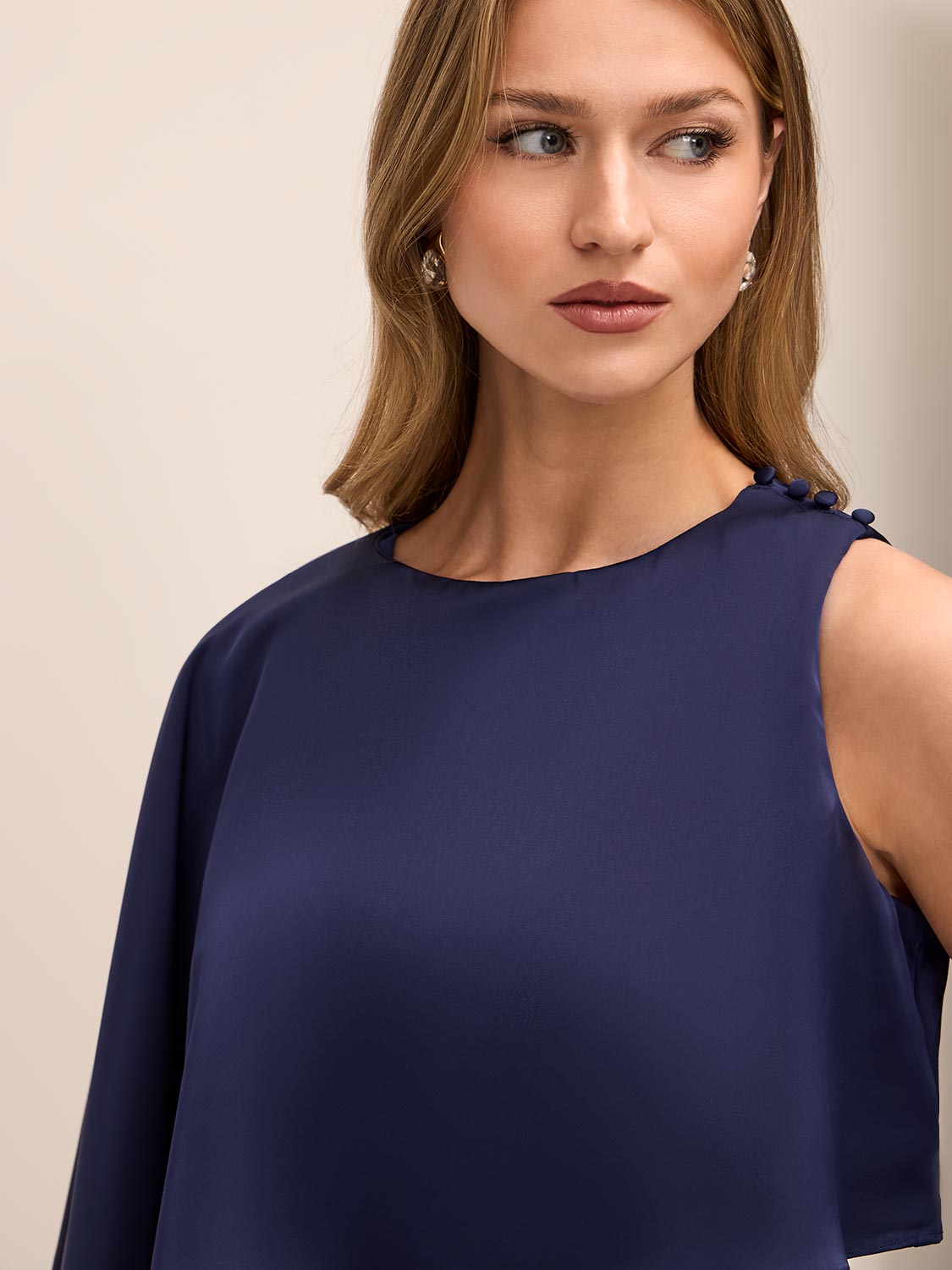 Dark Sapphire Satin Slip Popover Dress with Asymmetric Cape - Shoulder Button Detail - Le Chateau