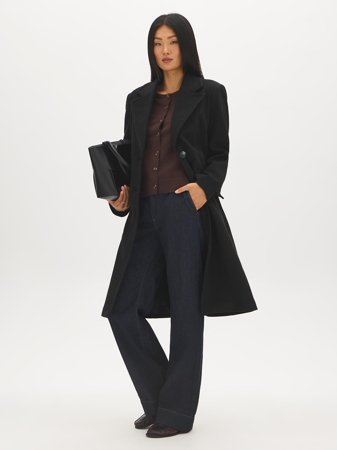 Mid Grey Melange Single-Breasted Faux Wool Coat - Woman Wearing Tailored Outerwear - Suzy Shier