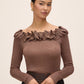 Copper Lurex Ruffle Off-Shoulder Sweater - Woman Wearing Shimmering Knit Top - Le Chateau