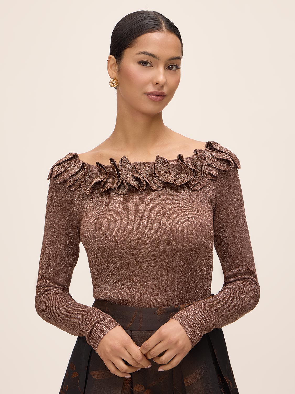 Copper Lurex Ruffle Off-Shoulder Sweater - Woman Wearing Shimmering Knit Top - Le Chateau