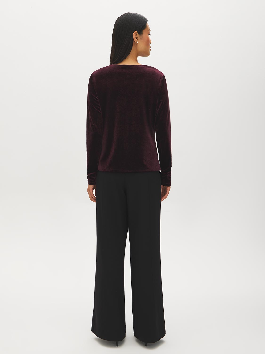 Black Velvet Top with Crochet V-Neck - Back View - Suzy Shier