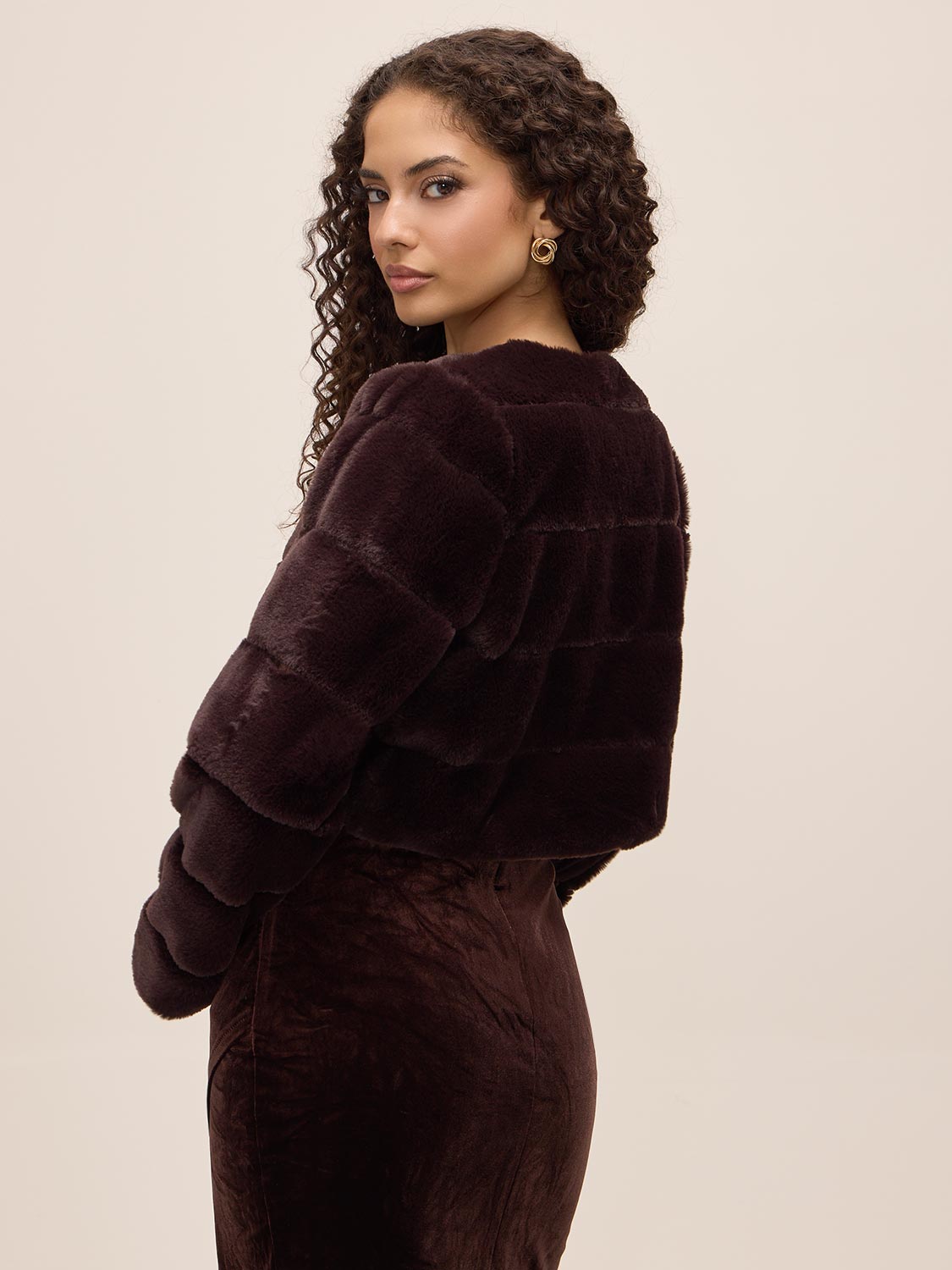 Chocolate Striped Fur Bolero - Back View - Le Chateau
