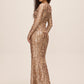 Antique Gold Floral Sequin Mesh Dress - Back View - Le Chateau