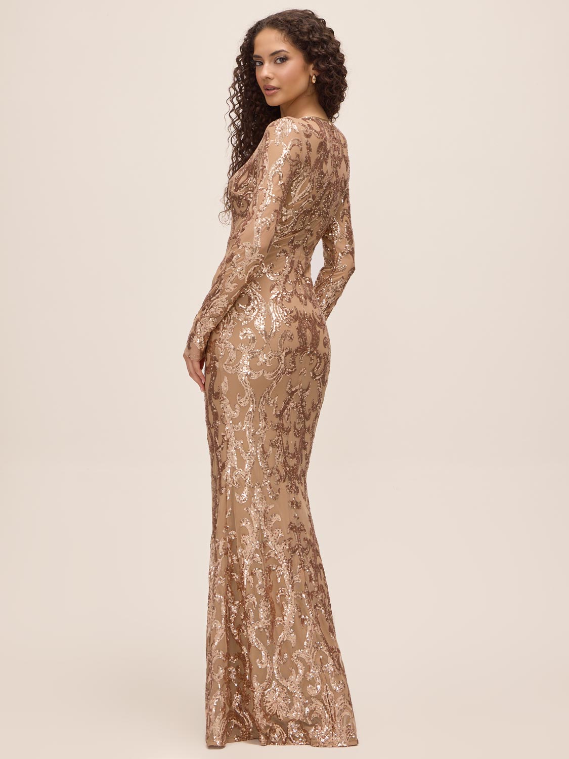 Antique Gold Floral Sequin Mesh Dress - Back View - Le Chateau