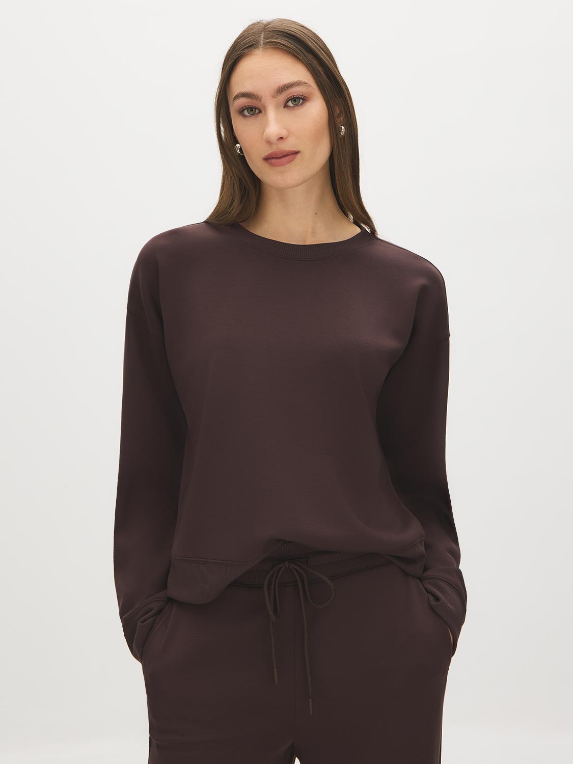 Coffee Bean Cloud Fleece Top with Drop Shoulder Sleeves - Front View - Suzy Shier