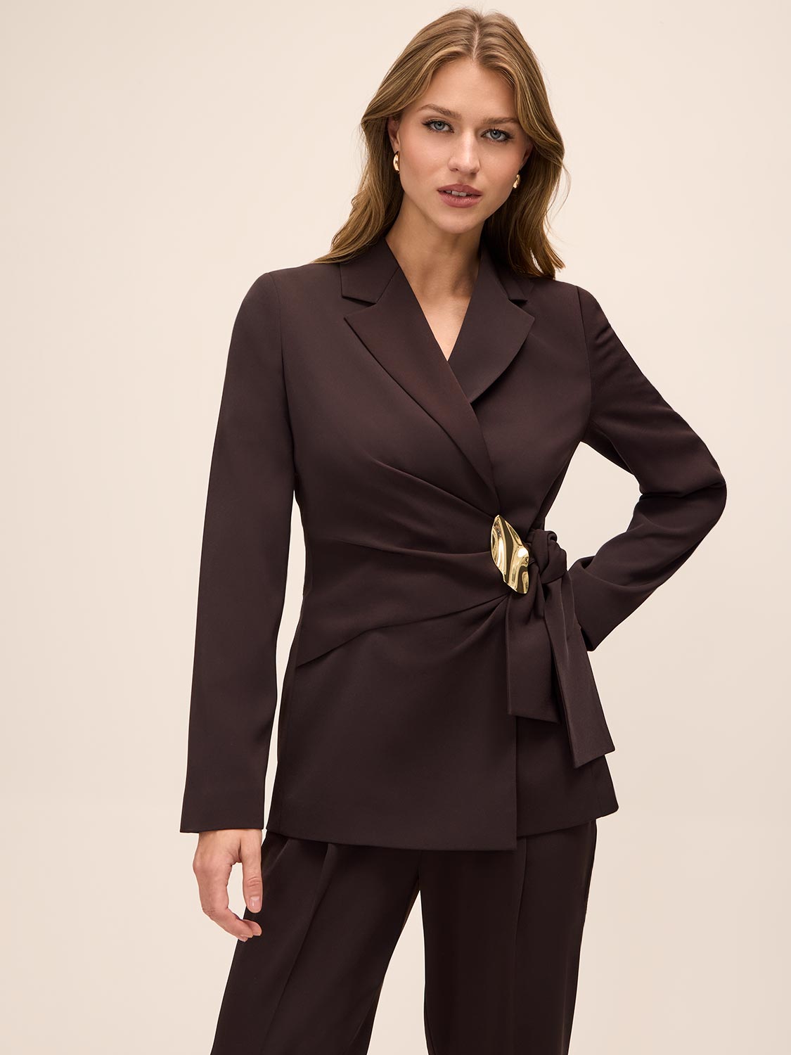 Chestnut Gold Trim Side Wrap Blazer - Side Profile View - Le Chateau