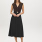 Black and Coffee Bean Two-Tone Crossover Dress - Woman Wearing Belted Midi Dress - Suzy Shier