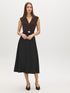Black and Coffee Bean Two-Tone Crossover Dress - Woman Wearing Belted Midi Dress - Suzy Shier