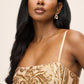 Gold Sequin Mesh Sleeveless Midi Dress - Close-up Fabric Detail - Le Chateau