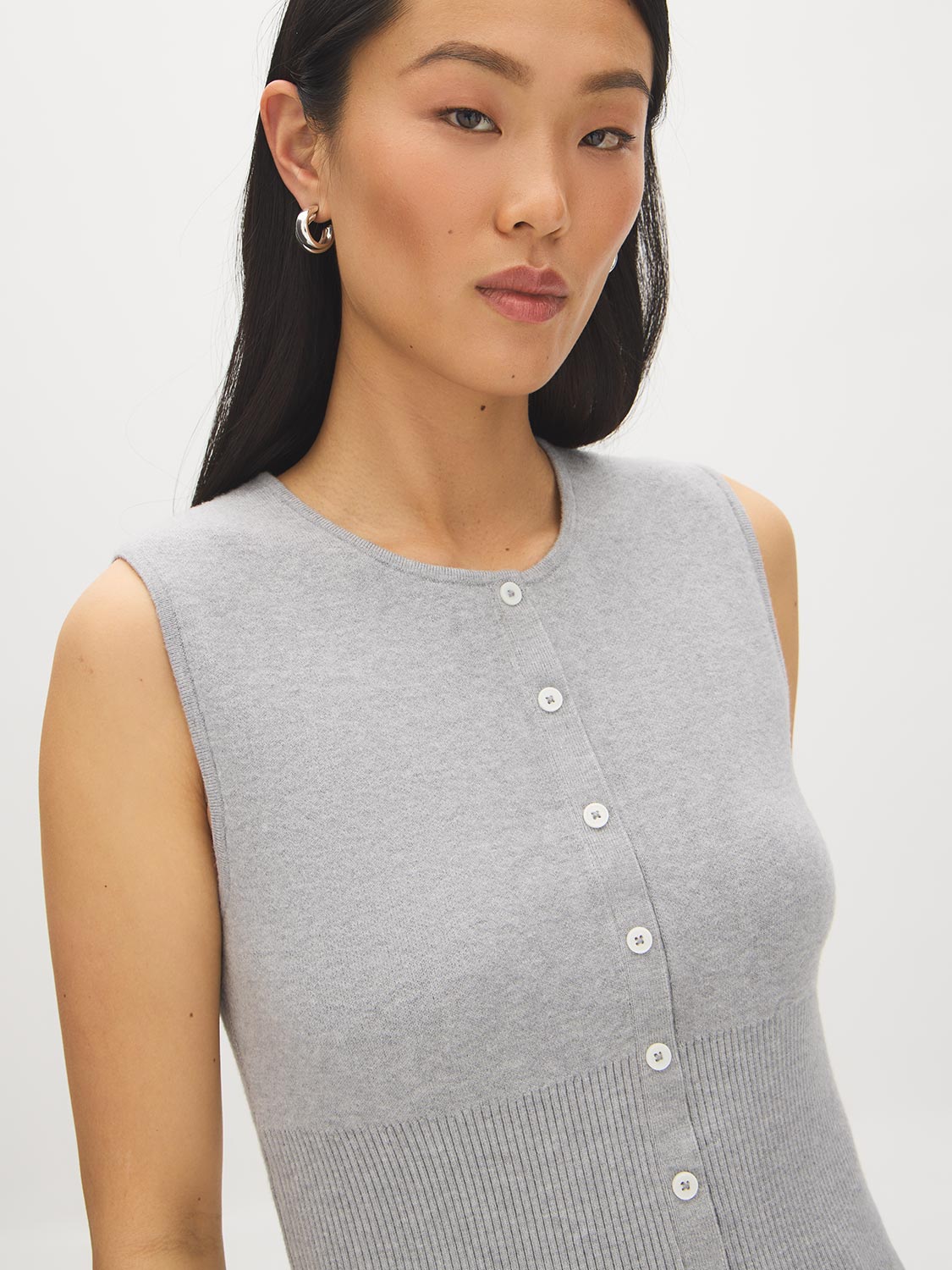 Lunar Melange Sleeveless Knit Sweater with Faux Button Placket - Close-up Fabric Detail - Suzy Shier