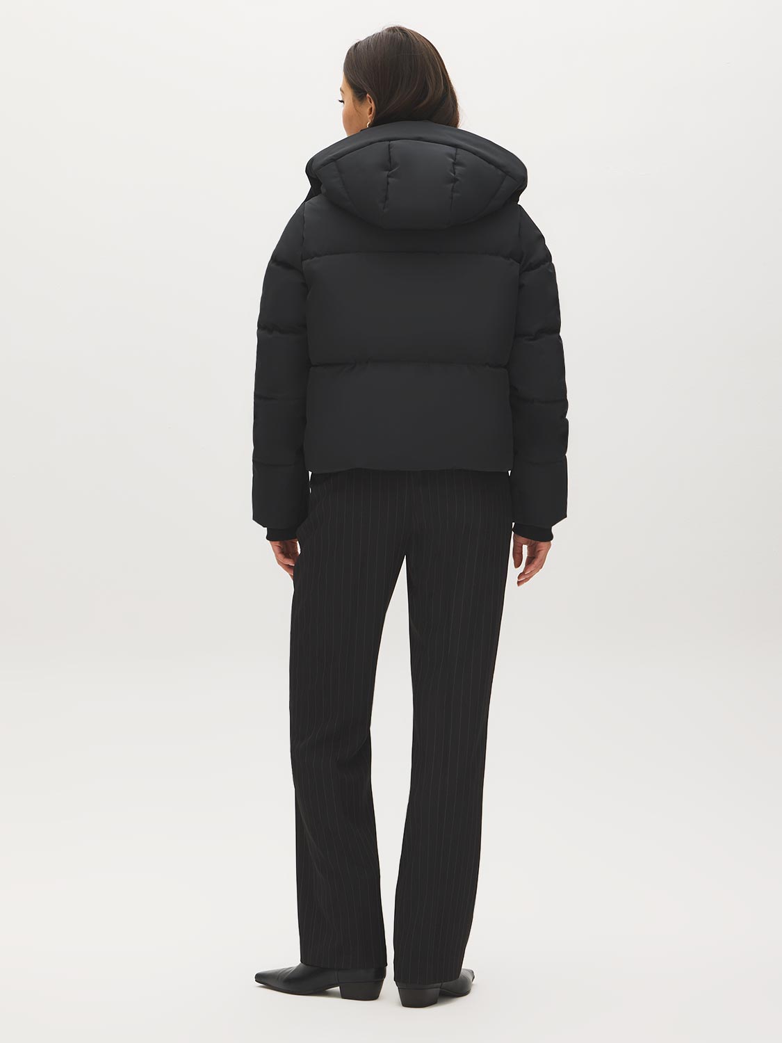 Black Short Utility Puffer Jacket with Hood - Back View - Suzy Shier