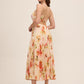 Rust and Sweet Clay Floral Satin V-Neck Pleated Midi Dress - Woman Wearing Elegant Midi Dress - Le Chateau