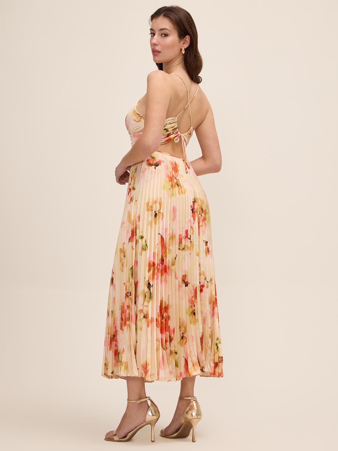 Rust and Sweet Clay Floral Satin V-Neck Pleated Midi Dress - Woman Wearing Elegant Midi Dress - Le Chateau