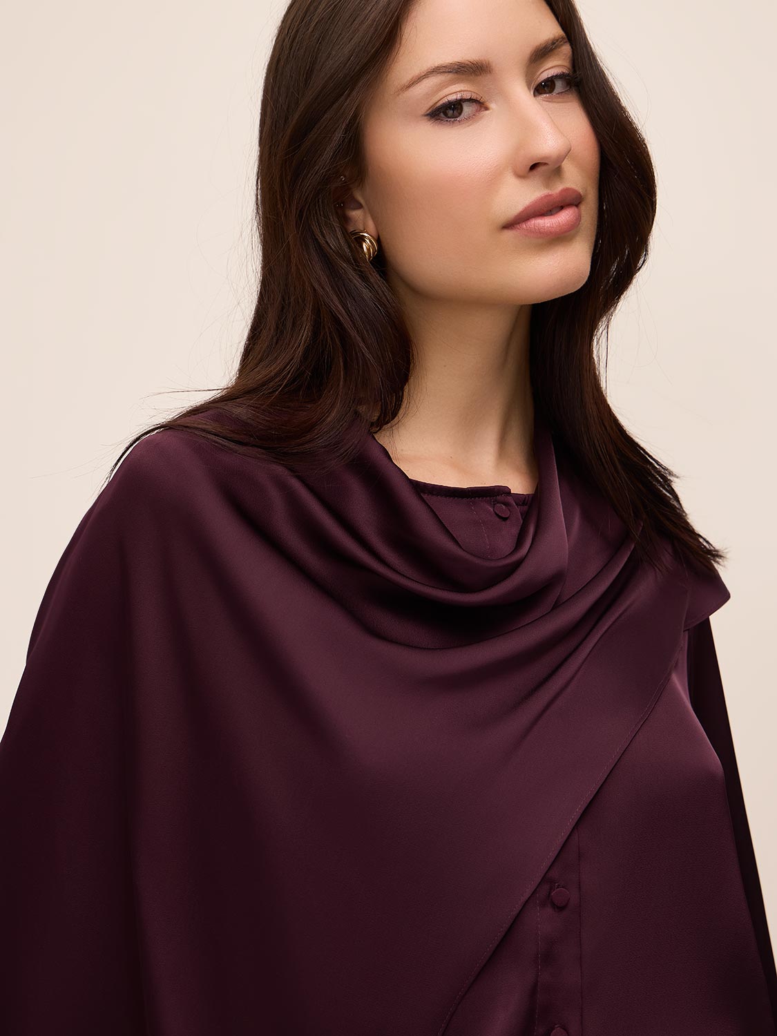 Eggplant Satin Scarf Neck Blouse - Close-up Fabric Detail - Le Chateau