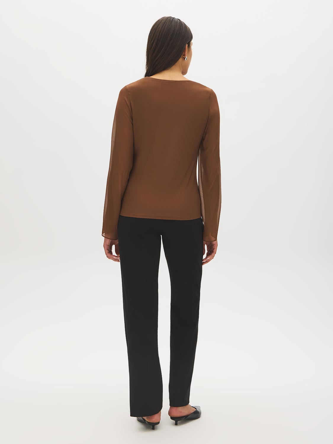 Bison V-Neck Top with Chiffon Sleeves and Lace Trim - Back View - Suzy Shier