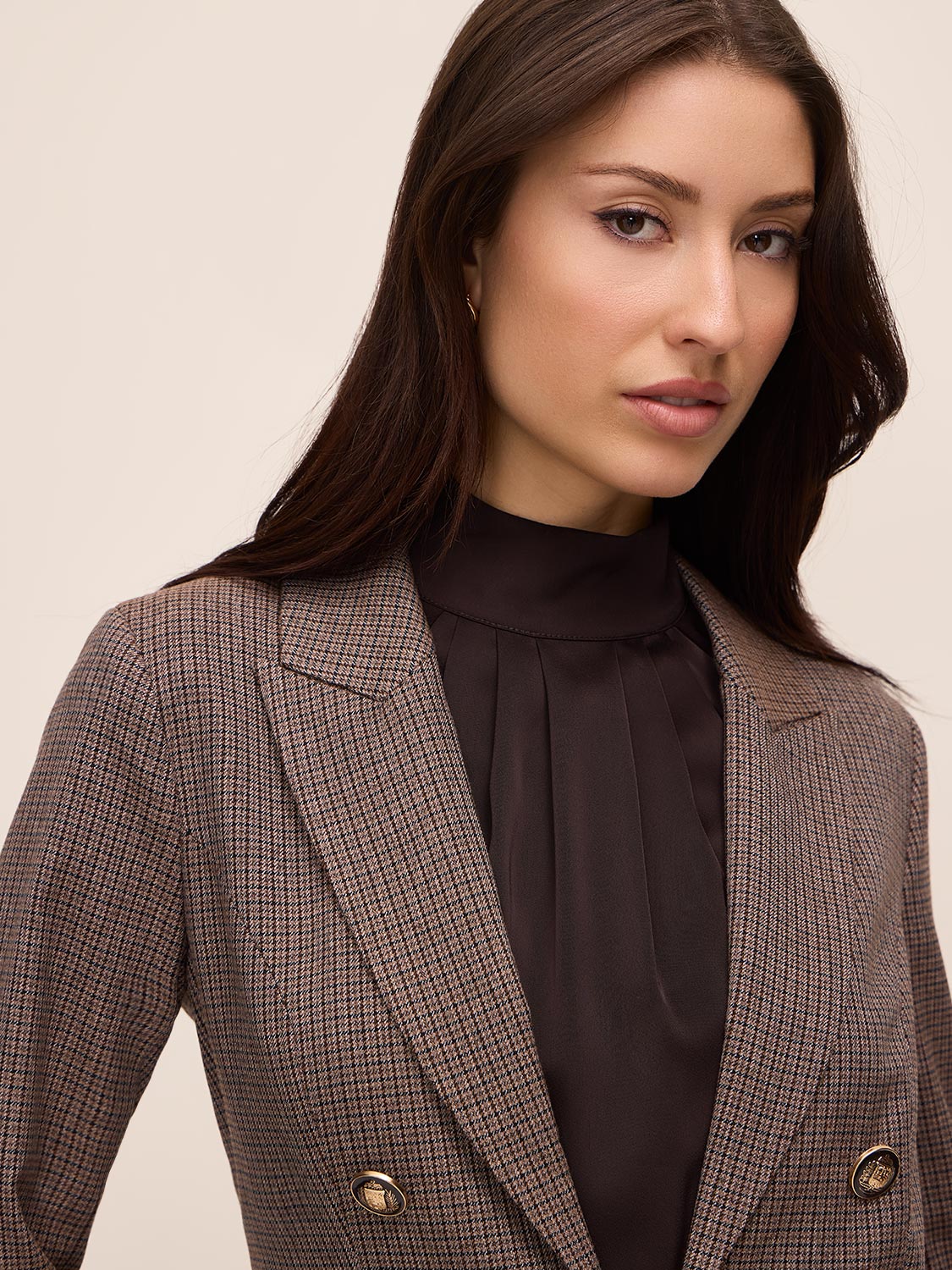 Oatmeal Check Double-Breasted Blazer - Close-up Fabric Detail - Le Chateau