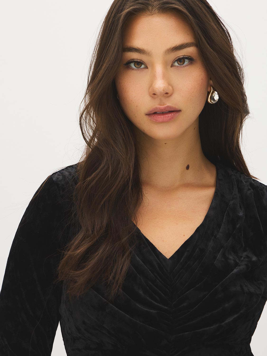 Black Crushed Velvet Dress with Front Gathering - Close-up Neckline Detail - Suzy Shier