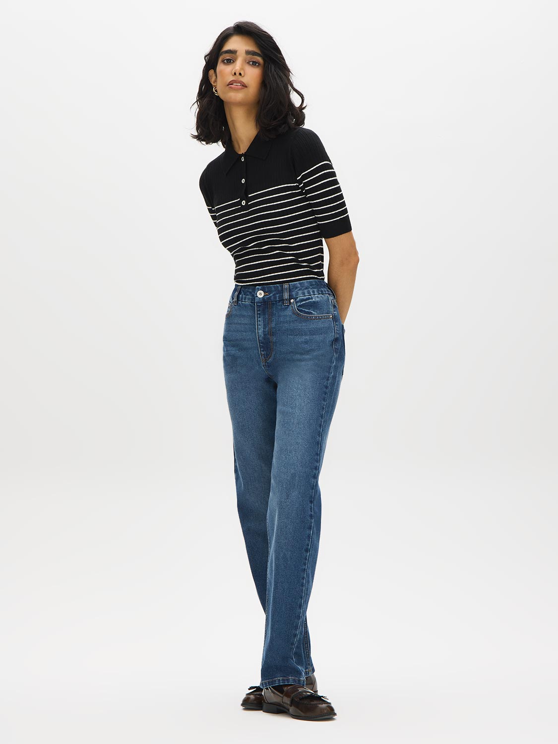 Black/Pearl Striped Ribbed Polo Sweater - Front View - Suzy Shier