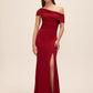 Lipstick Red Glitter Knit One-Shoulder Gown - Woman Wearing Evening Dress with Side Ruching - Le Chateau