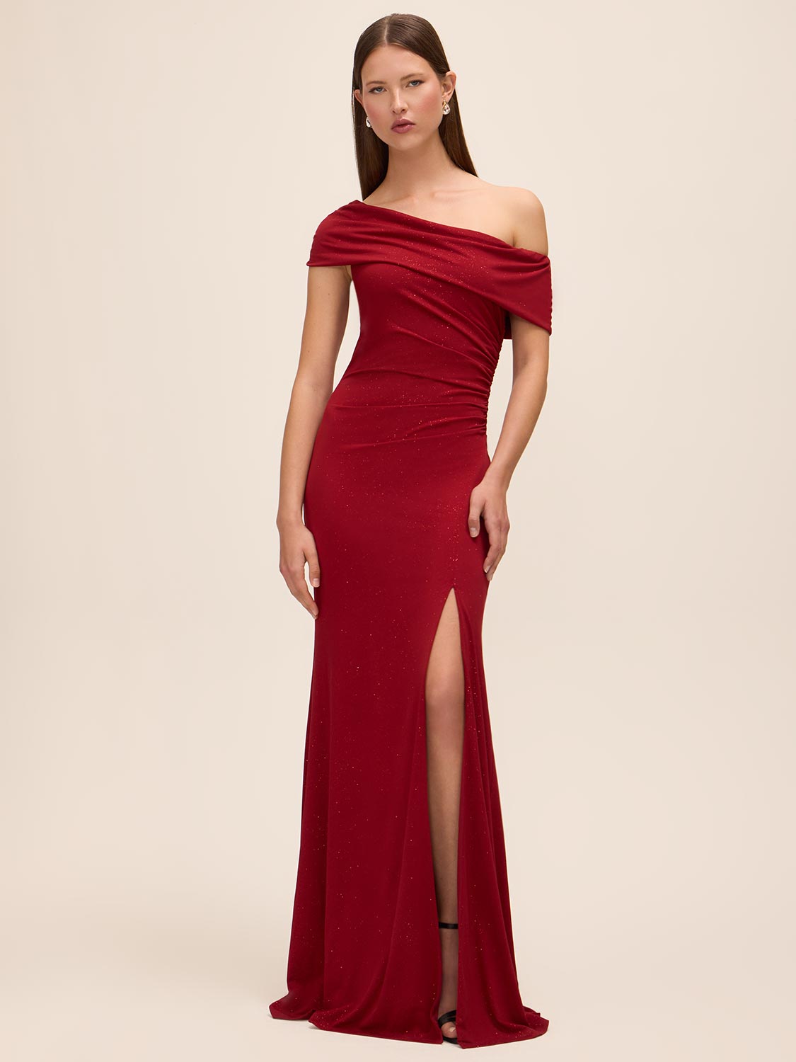 Lipstick Red Glitter Knit One-Shoulder Gown - Woman Wearing Evening Dress with Side Ruching - Le Chateau
