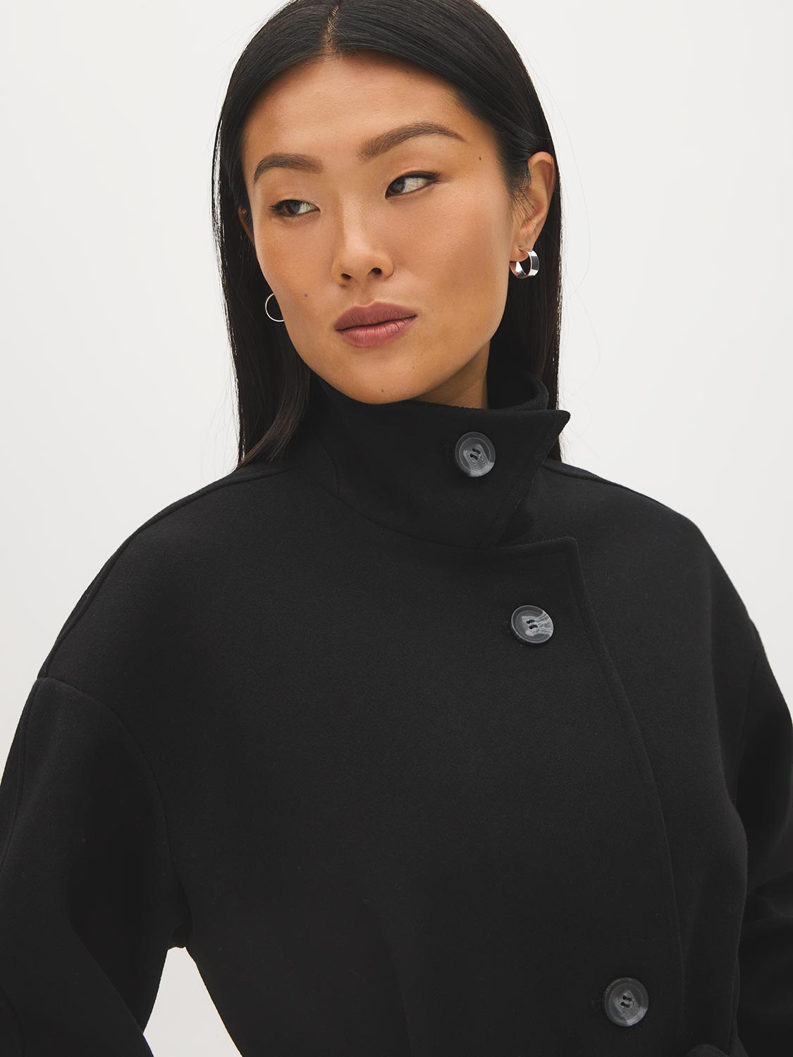 Taupe Melange Faux Wool Short Wrap Coat with Funnel Neck - Close-up Collar Detail - Suzy Shier