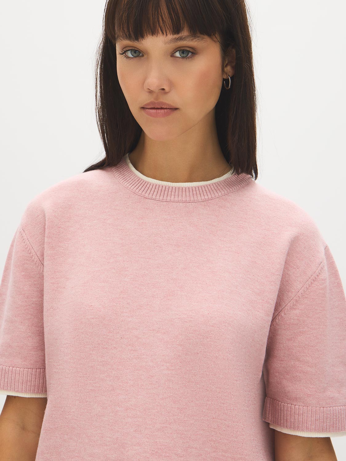Zephyr/Off White Short Sleeve Double Layer Knit Sweater - Close-up Fabric Detail - Suzy Shier