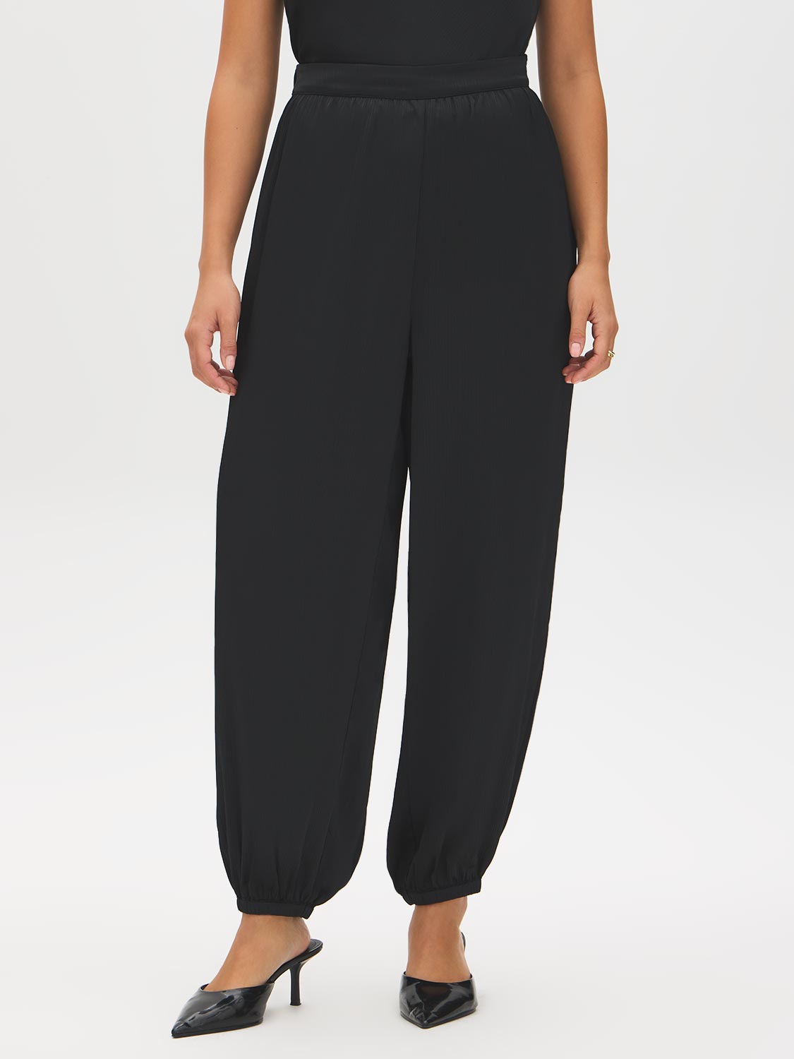 Black Pull-On Satin Pants with Elastic Back - Front View - Suzy Shier