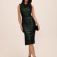 Dark Emerald Sleeveless Sequin Midi Sheath Dress - Woman Wearing Party Dress with Side Shirring - Le Chateau