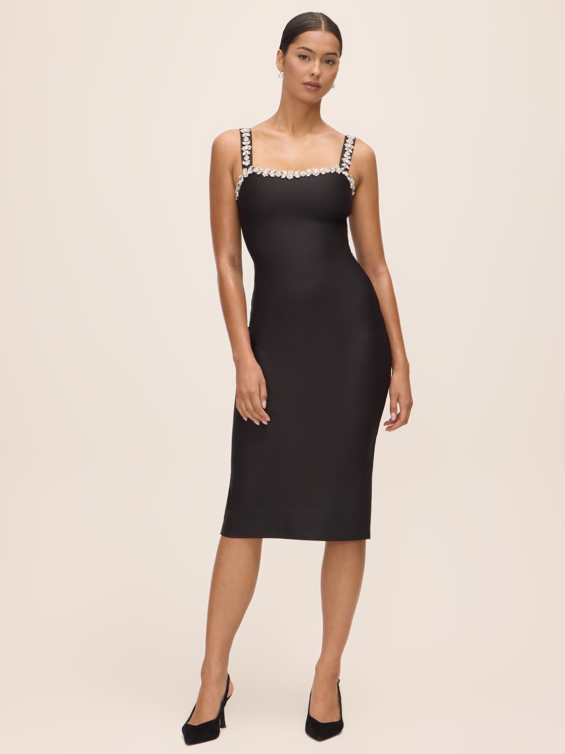 Black Square Neck Bandage Sheath Dress with Jewel Trim - Woman Wearing Fitted Evening Dress - Le Chateau