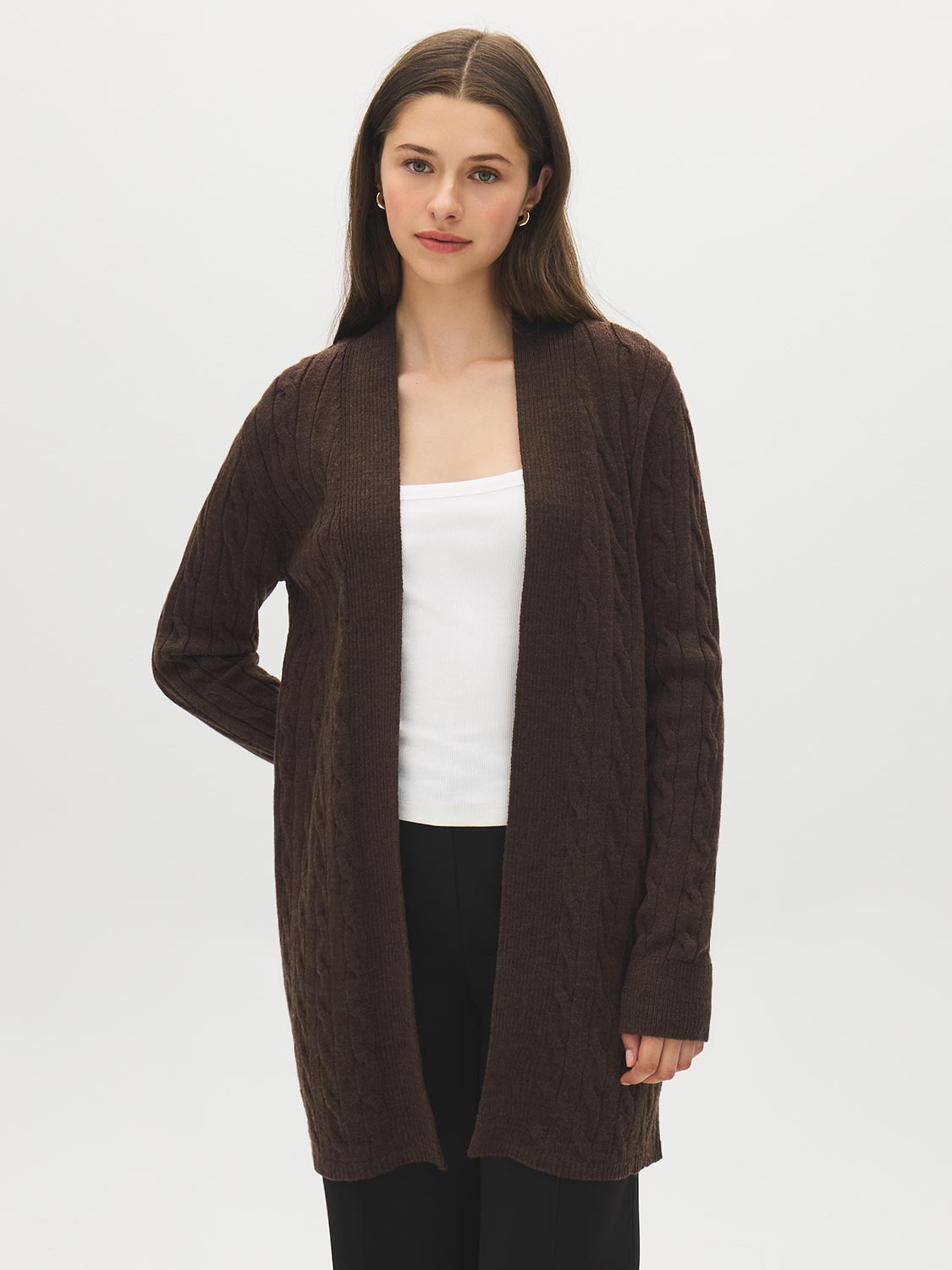 Dolphin Melange Long Cable Knit Open Cardigan - Alternate Color Front View - Suzy Shier