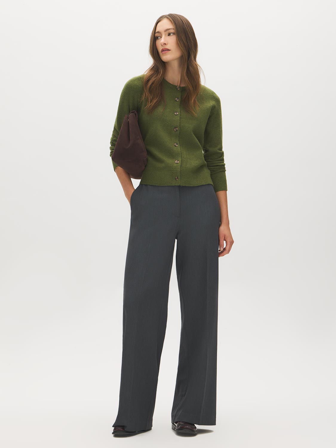 Chive Crew Neck Button-Front Cardigan - Front View - Suzy Shier