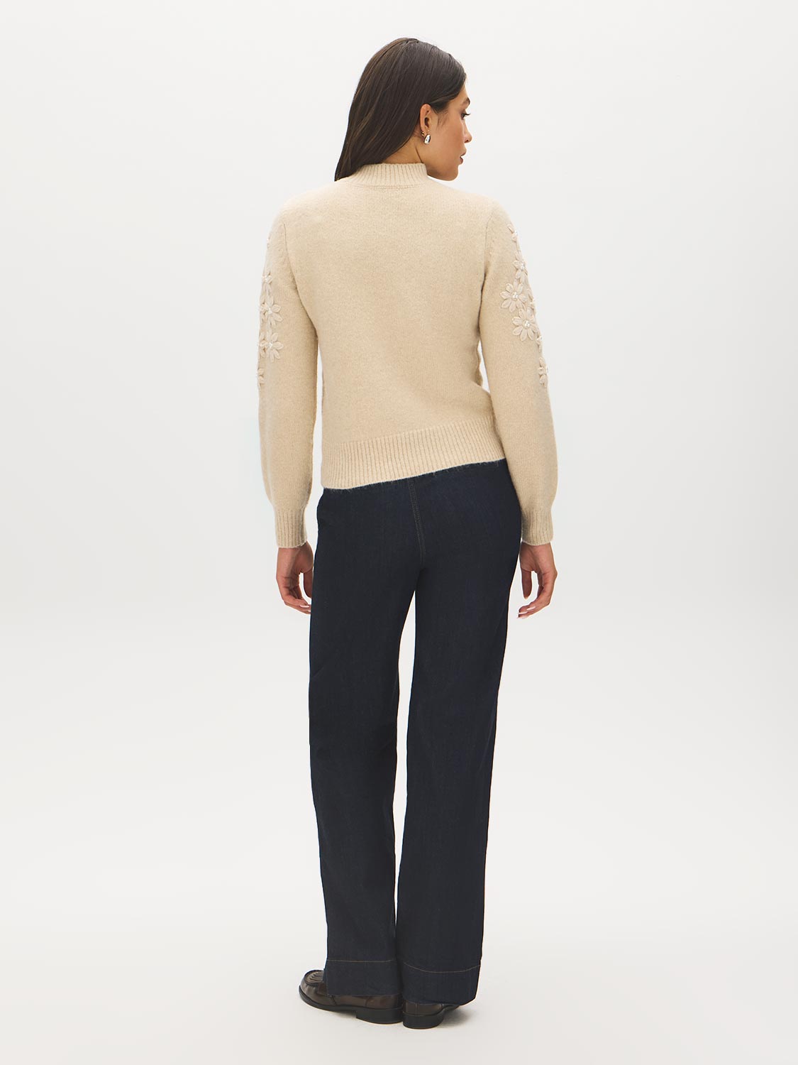 Beige Floral Embroidered Mock Neck Sweater - Back View - Suzy Shier