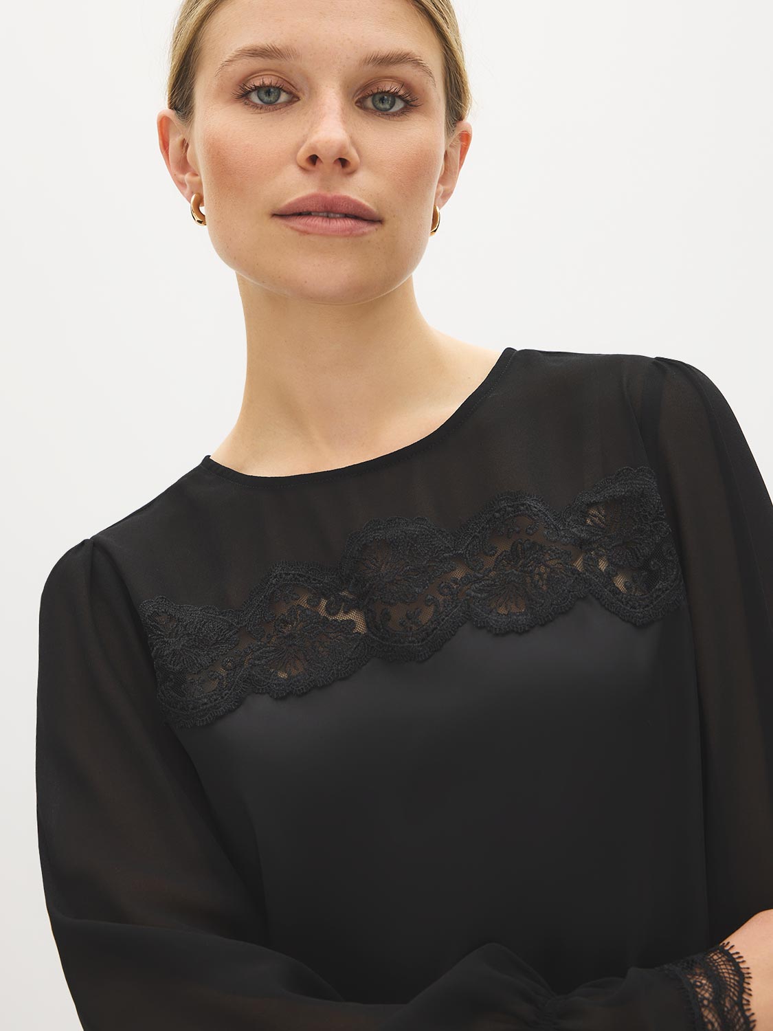 Black Lace Detail Chiffon and Satin-Like Blouse - Lace Detail - Suzy Shier