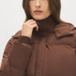 Brown Short Puffer Jacket with Hood - Close-up Front Detail - Suzy Shier