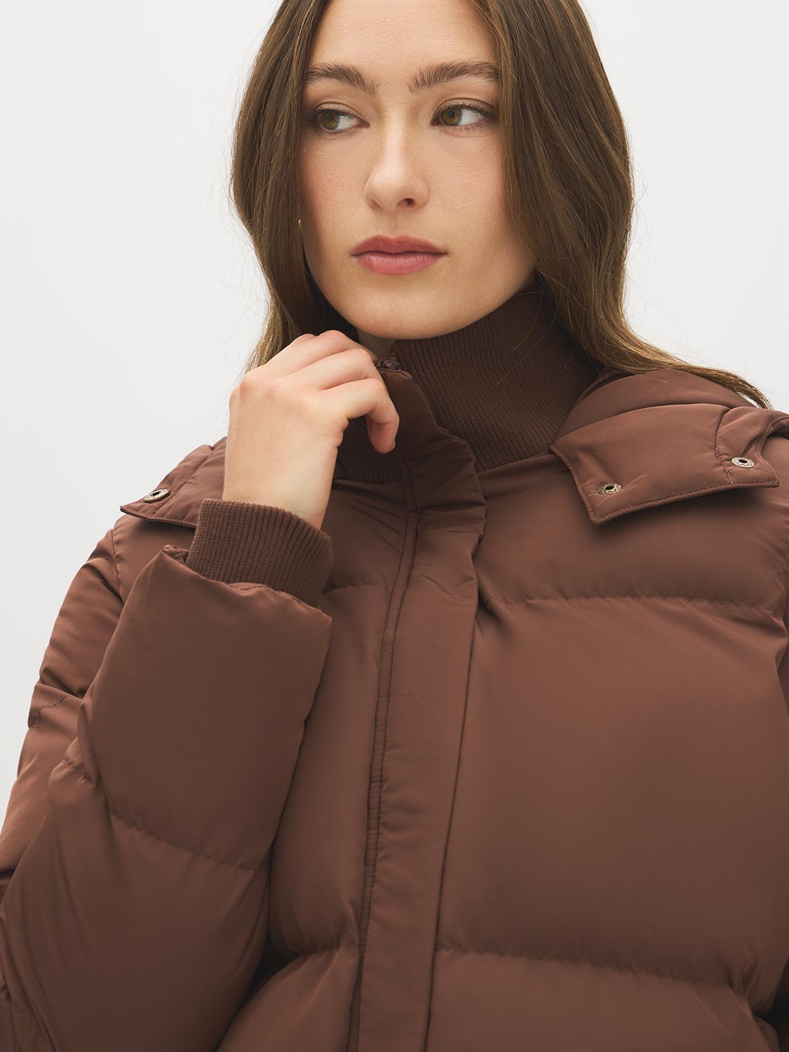 Brown Short Puffer Jacket with Hood - Close-up Front Detail - Suzy Shier