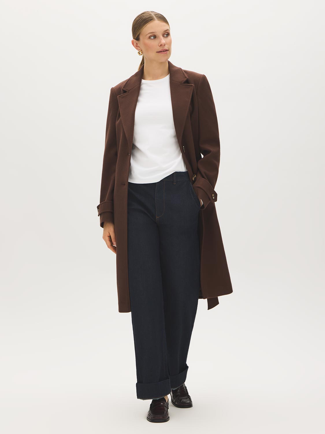 Chicory Coffee Faux Wool Mid-Length Wrap Coat - Full Front View - Suzy Shier